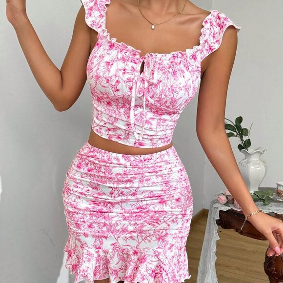 Hot Pink Boho Women's Ruffle Trim Ruffled 2-Piece Set - Picture 2 of 6